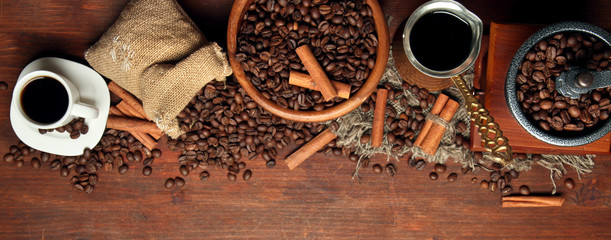Coffee beans, metal turk and coffee mill