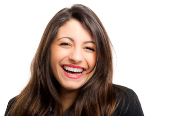 Businesswoman laughing isolated on white