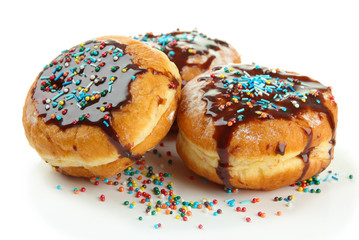 Tasty donuts with chocolate, isolated on white