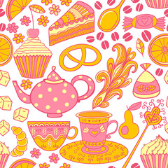 Tea vector seamless doodle teatime backdrop.Cakes to celebrate a