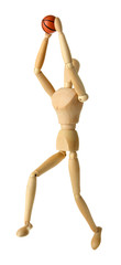 Wooden mannequin with basketball ball on grey background