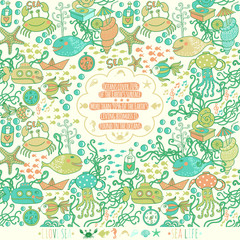 Sea live template design, vector set. Sea time card with sea wil