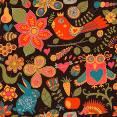 Naklejka premium Vector forest seamless pattern. Floral background.Owl, rabbit, b