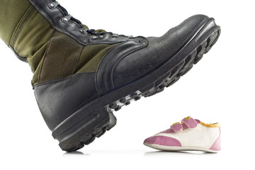 army boots crushing children's shoes