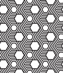 Hexagons, black and white abstract vector seamless pattern.