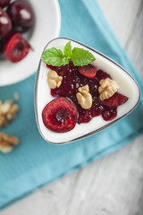 Yoghurt with wallnuts and cherries