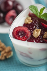 Yoghurt with wallnuts and cherries