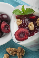 Yoghurt with wallnuts and cherries