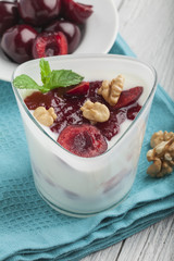 Yoghurt with wallnuts and cherries