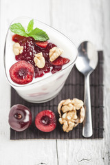 Yoghurt with wallnuts and cherries