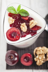 Yoghurt with wallnuts and cherries