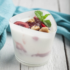 Yoghurt with wallnuts and cherries