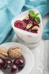 Yoghurt with wallnuts and cherries