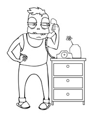 a grumpy cartoon man talking on the phone, vector illustration