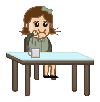 Girl Having Breakfast and Tea - Cartoon Business Character