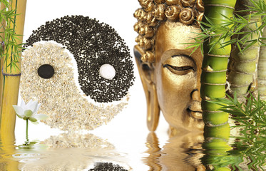 décor zen : Bouddha, bambou, symbole yin yang