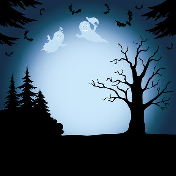 Halloween landscape with ghosts