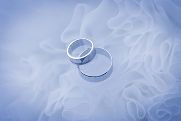 beautiful golden rings on the blue wedding dress