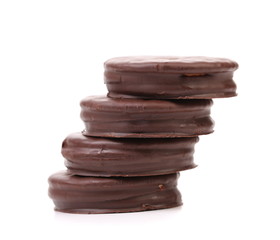 Stack biscuit sandwich with chocolate.