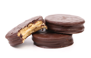 Bitten biscuit sandwich with chocolate.