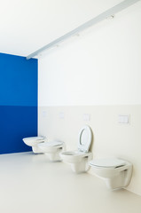 new architecture, public bathroom, toilets in a row