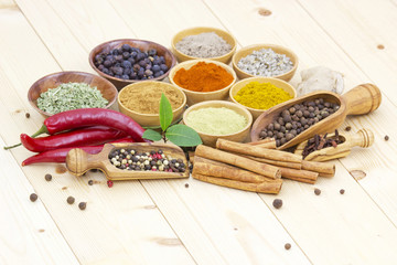 Variety of spices on wooden background