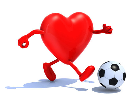 heart with arms and legs run away to soccer bal
