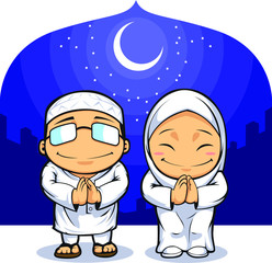Cartoon of Muslim Man Woman Greeting Ramadan