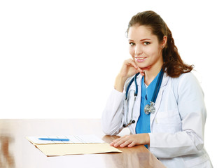 Female doctor sitting on the desk, isolated on white background