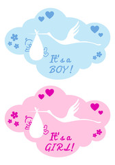 stork with baby boy and girl, vector