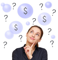 Thinking woman looking up on dollar in bubbles with questions si