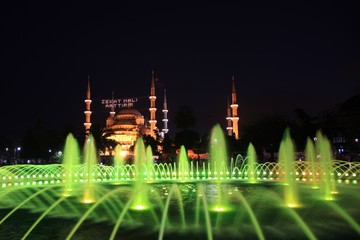 Beautiful  night view of Blue Mosque with colorful fountain