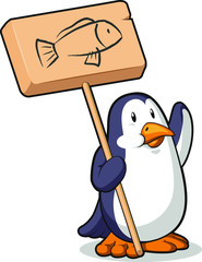 Penguin Holding a Wooden Sign