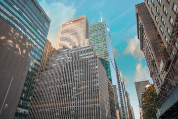 Fototapeta na wymiar Powerful structure of Lower Manhattan skyscrapers at sunset