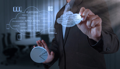 Businessman working with a Cloud Computing diagram on the new co