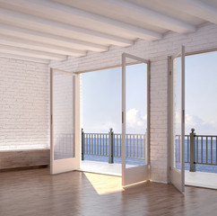 Modern white empty room interior with seascape view