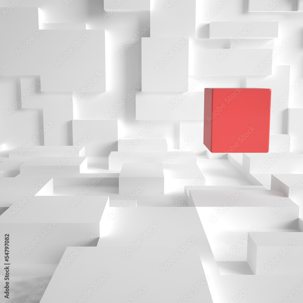Wall mural 3d rendering of red cube in a futuristic room
