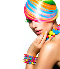 Beauty Girl Portrait with Colorful Makeup, Hair and Accessories