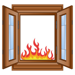 open fire and flames in window wooded frame vector