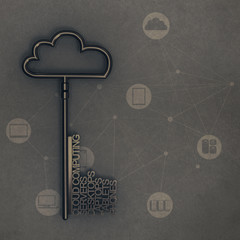 Cloud computing diagram with metallic cloud and the key