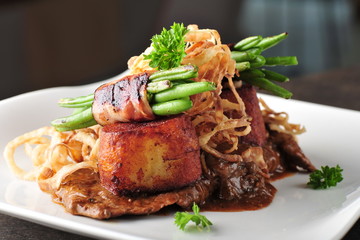Grilled Beef Steak Meat with baked potato, Asparagus
