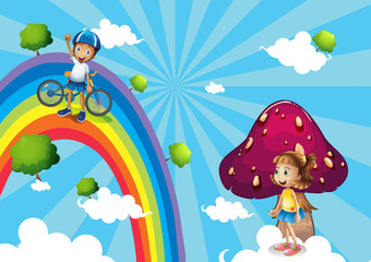 A boy biking in the rainbows
