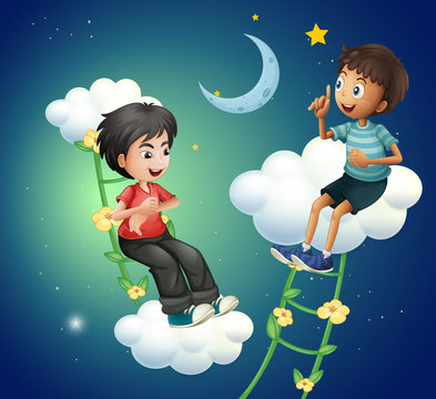 Two boys talking near the moon