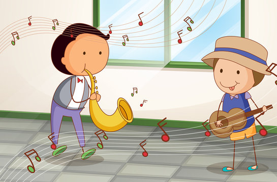 Two musicians with a saxophone and a guitar