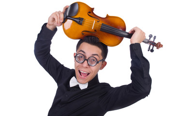 Naklejka premium Funny violin player on white