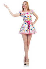 Model wearing fashionable clothing on white