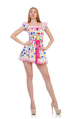 Model wearing fashionable clothing on white