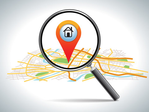  search for home on map location, vector illustration 