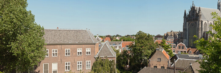 Fototapeta na wymiar Panoramic photo of roofs and church of dutch city Leiden in summ