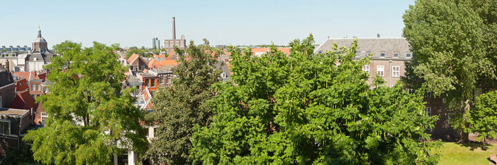 Fototapeta na wymiar Panoramic photo of roofs and trees of dutch city Leiden in summe